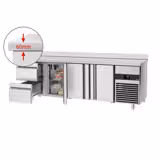 Mesa refrigerada PREMIUM - 2,3 x 0,7 m - con 3 puertas y 2 cajones - con soporte superior