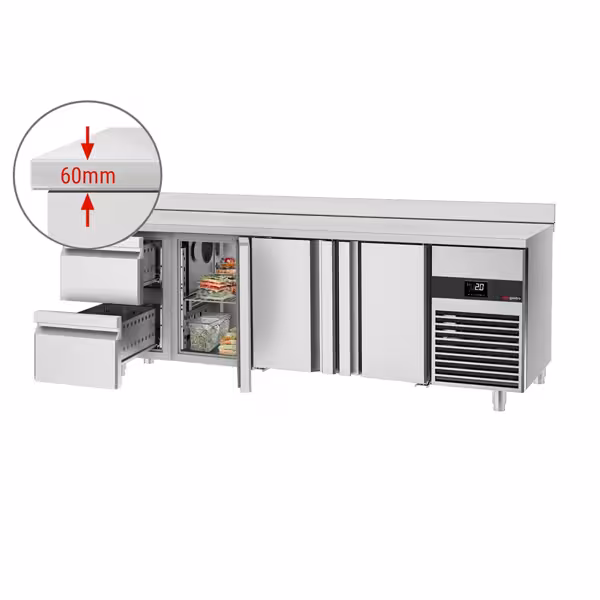 Stół chłodniczy PREMIUM - 2330x700mm - 632L - z 3 drzwiami - z 2 szufladami - z rantem