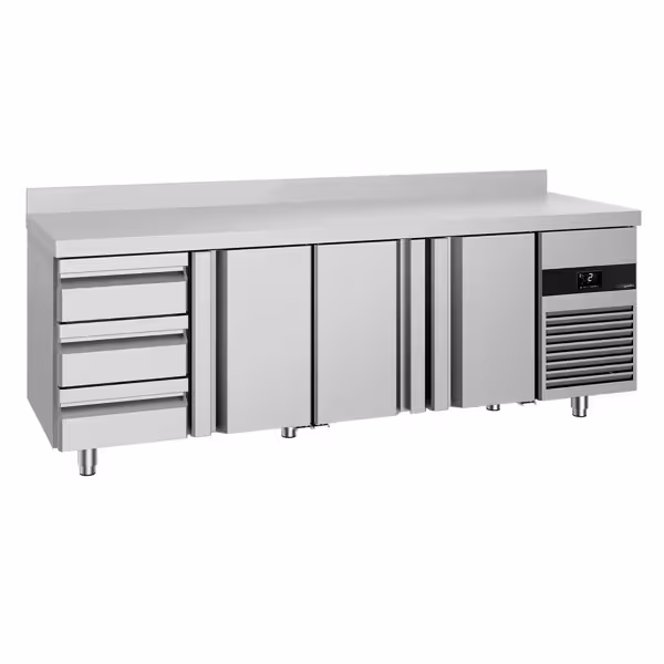 Hűtött munkaasztal PREMIUM - 2330x700 mm - GN 1/1 - 632 liter - ventilációs - 3 ajtóval - 2 fiókkal - felhajtással