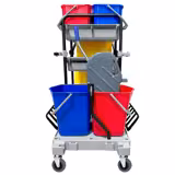 Carrello per pulizie PROFESSIONALE - aperto - con strizzatore, 4 contenitori, sacco portabiancheria 10kg, ripiani & ganci portascope - Grigio