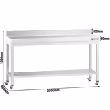 Edelstahl Arbeitstisch PREMIUM - 2000x800mm - mit Grundboden, Aufkantung & Rollen