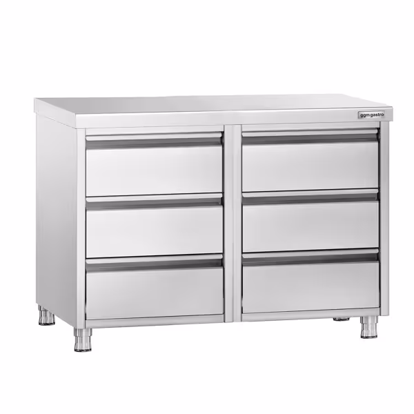 Armário de trabalho em aço inoxidável PREMIUM - com 6 gavetas e alçado posterior - 1000x700mm