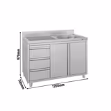 Diskbänk med underskåp ECO - rostfritt stål - 1200x700 mm - 3 lådor - med 1 ho - höger