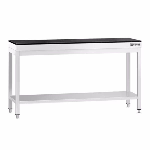 Table de travail en inox PREMIUM - 1600x800mm - avec étagère basse + traverses de renfort - avec dessus en granit