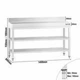 Table de travail en inox PREMIUM - 1400x800mm - avec étagère basse + dosseret arrière + étagère intermédiaire + traverses de renfort