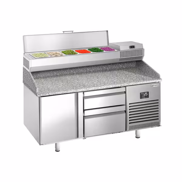 Pizzawerkbank PREMIUM PLUS - 1490x700mm - met granieten werkblad - met 1 deur & 2 laden - incl. opzetkoelvitrine - 6x GN 1/4