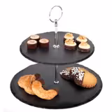 Etagère - 2-laags - rond - RVS frame - met leistenen plateaus