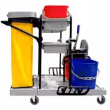 Janitorial Cleaning Trolley - Open - with 2 shelves, laundry bag - Grey