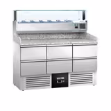 Commercial Pizza Prep Counter - Granite Top PREMIUM - 1400x700mm - with 0 doors & 6 dough drawers 1/2 - incl. refrigerated topping unit with glass sneeze guard LED - 6x GN 1/4
