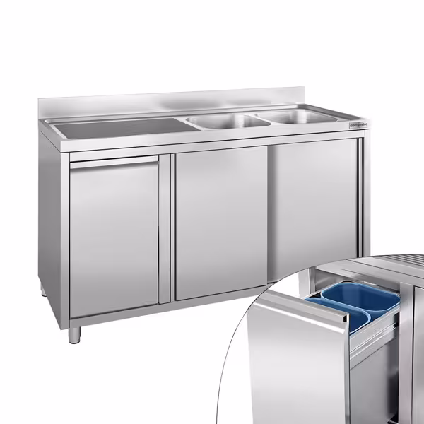 Dolaplı Yıkama Tezgahı  -1400x600mm - Çöp kutulu & 2 sağ evyeli