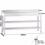 Mesa de trabalho em aço inoxidável PREMIUM - 2000x600mm - com prateleira inferior & com painel traseiro & com prateleira intermédia & com travessas de reforço