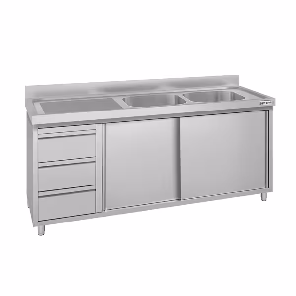 Commercial Sink Cabinet ECO - 1800x700mm - with 2 bowls right-hand - 3 drawers
