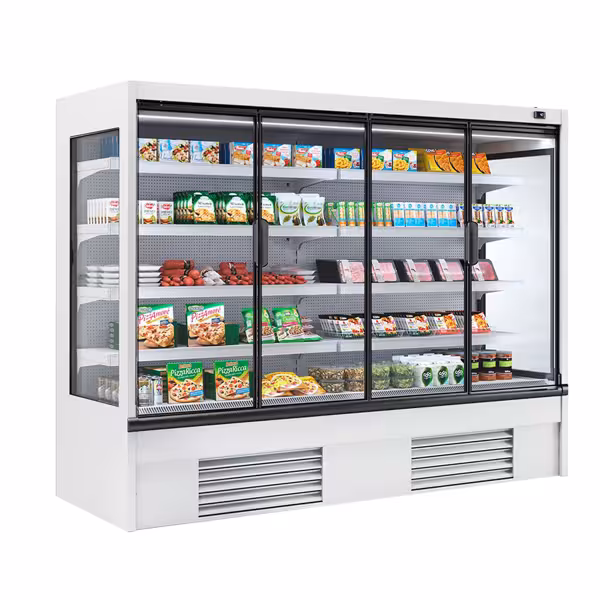Murale Refrigerato Professionale - 2580mm - 910l - +2°/+4°C - con 4 porte a battente in vetrocamera & 4 ripiani - Bianco