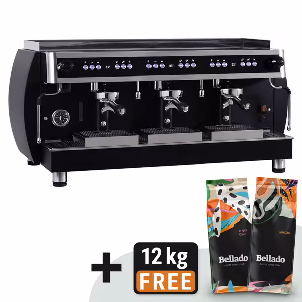 Profesyonel Espresso Kahve Makinesi "Grace" - 3 Gruplu - Dijital Ekranlı - dahil Ön Demleme (Preinfusion) Sistemi & 2 Buhar Kolu - Siyah