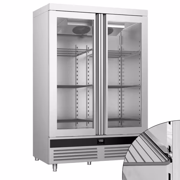 Koelkast RVS PREMIUM - GN 2/1 - 1400liter - tot -2°C tot +8°C - met 2 glasdeuren - geforceerde koeling, automatische ontdooiing & LED‑verlichting
