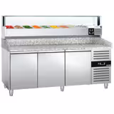 Table à pizza réfrigérée PREMIUM - 2000x800mm - dessus granit - avec 3 portes pleines - avec vitrine ingrédients réfrigérée LED - 10x GN 1/4