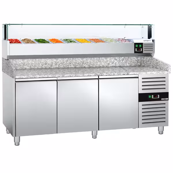 Commercial Pizza Prep Counter - Granite Top PREMIUM - 2025x800mm - with 3 doors - incl. refrigerated topping unit with glass sneeze guard LED - 10x GN 1/3