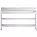 Mesa de trabalho em aço inoxidável PREMIUM - 2000x800mm - com prateleira inferior & com painel traseiro & com prateleira intermédia & com travessas de reforço