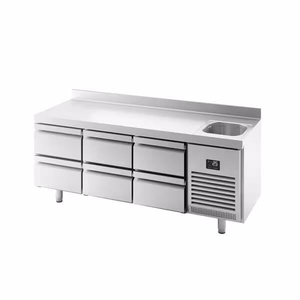 Commercial Counter Fridge PREMIUM PLUS - 1960x700mm - with sink - with 6 drawers [1/2] - with upstand - capacity 465 litres